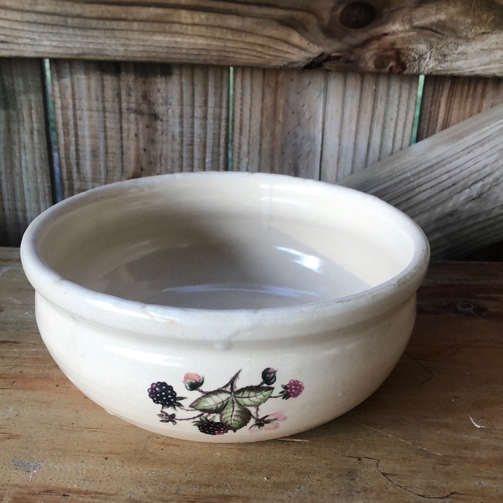 Vintage Casey Pottery Handmade Shallow Bowl with Blackberry Blossom Motif 7 1/2”